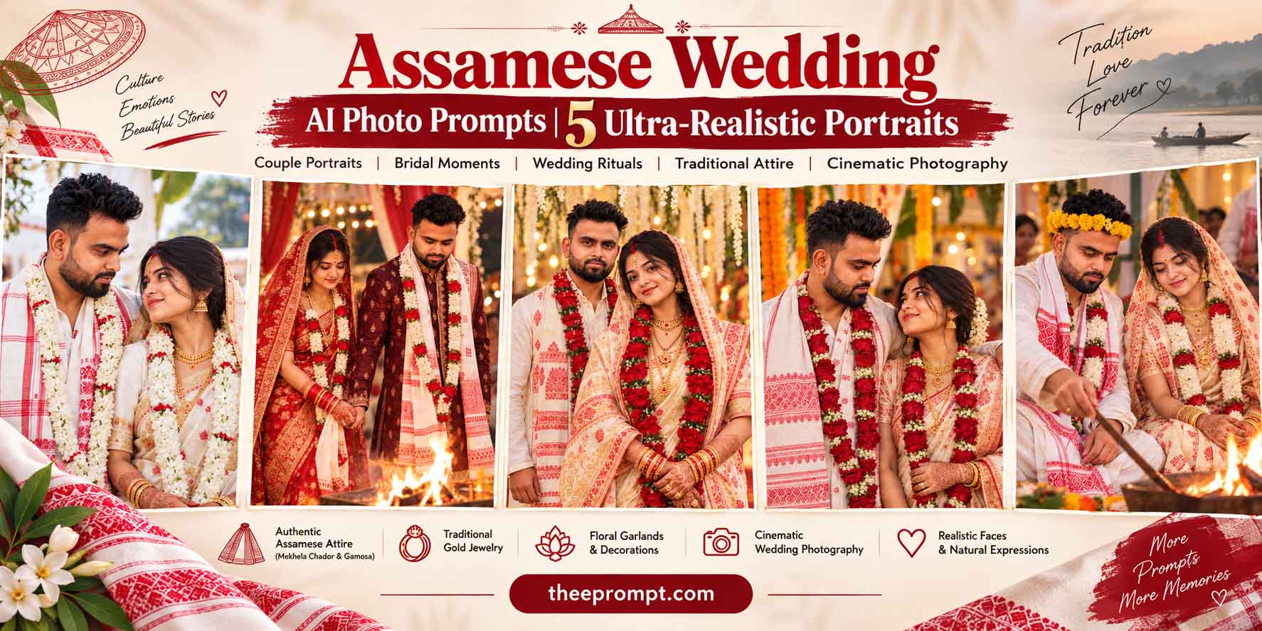 Assamese Wedding AI Photo Prompts | 5 Ultra-Realistic Portraits